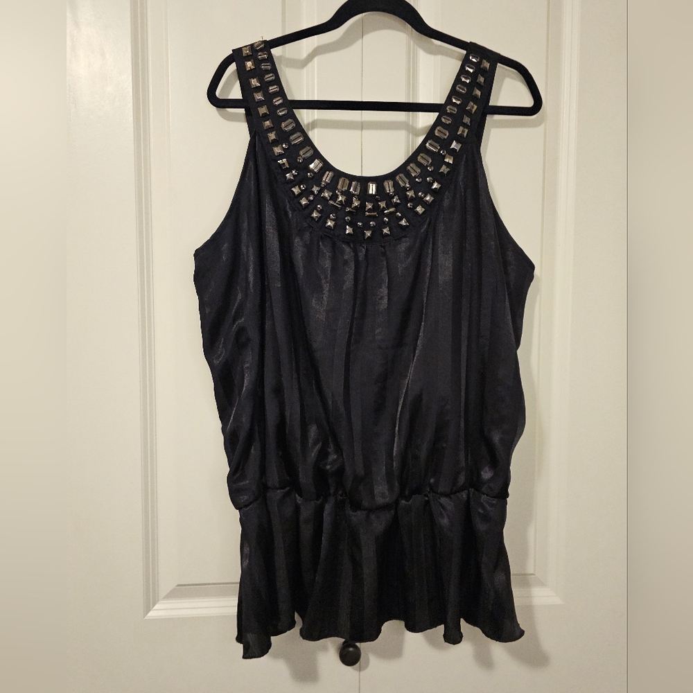 MXM Womens Black Sleeveless Satin Top with Embellished Neckline Sz 22